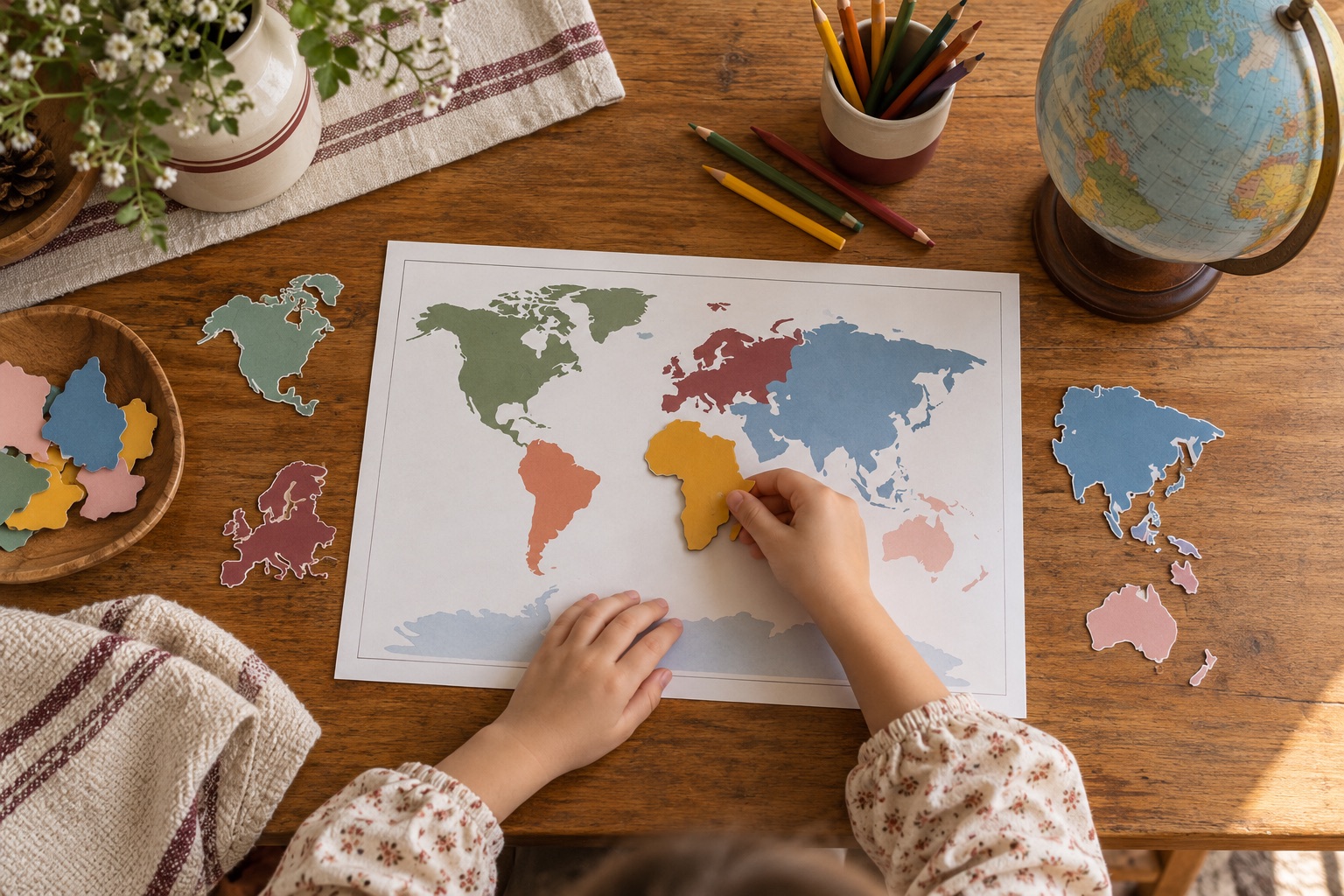 Illustrative geography activity with paper continent shapes and a globe