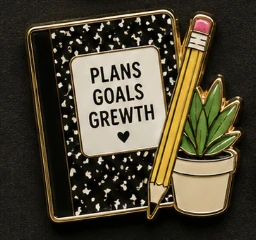 Notebook pin graphic reading Plans, Goals, Growth