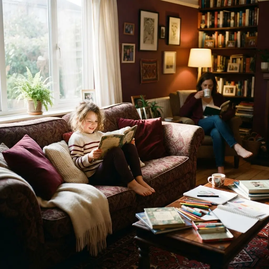 A child reading on a sofa in a living room with books and an adult nearby